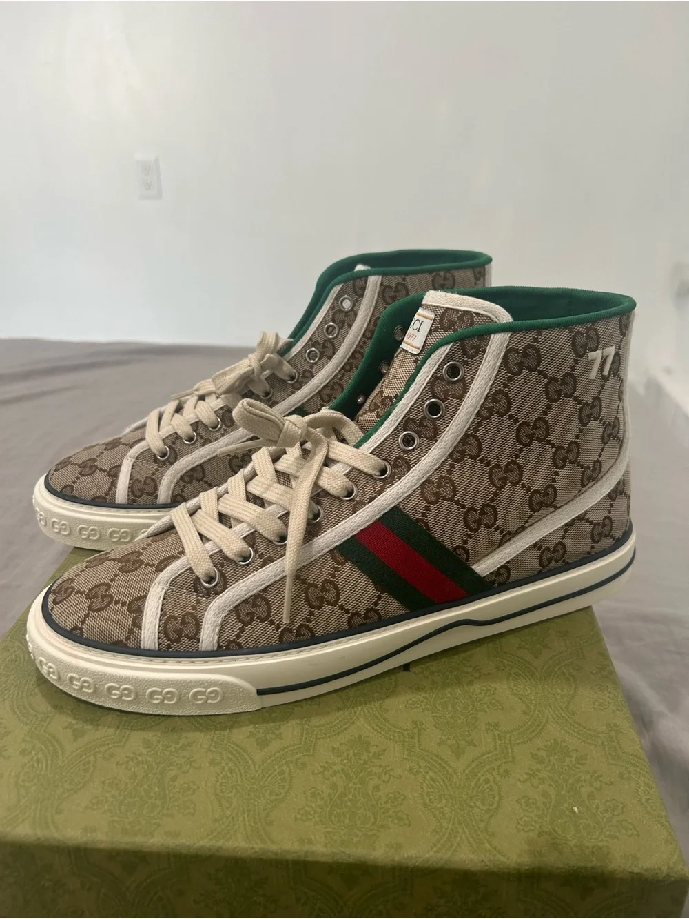 Gucci Men’s GG Canvas High-Top Sneakers in Brown with Green & Red Stripe